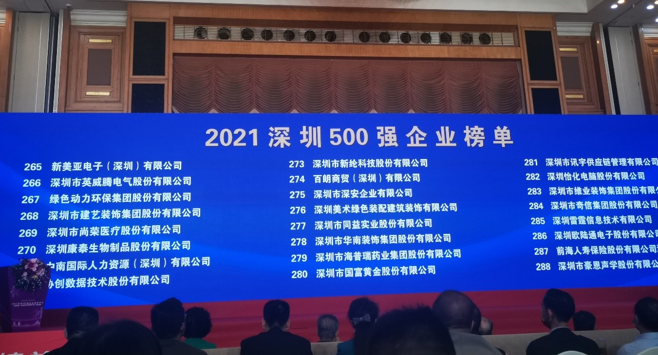 db视讯厅上榜2021深圳企业500强